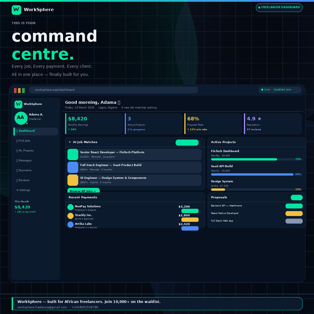 themediapostle's tweet image. this is what your mornings look like when the platform was actually built for you.
your name. your earnings. your jobs — matched by AI before you even open your laptop.
10,000+ freelancers are already waiting for this.
don't be last 👇 workspherepro.netlify.app
#WorkSphere #tech