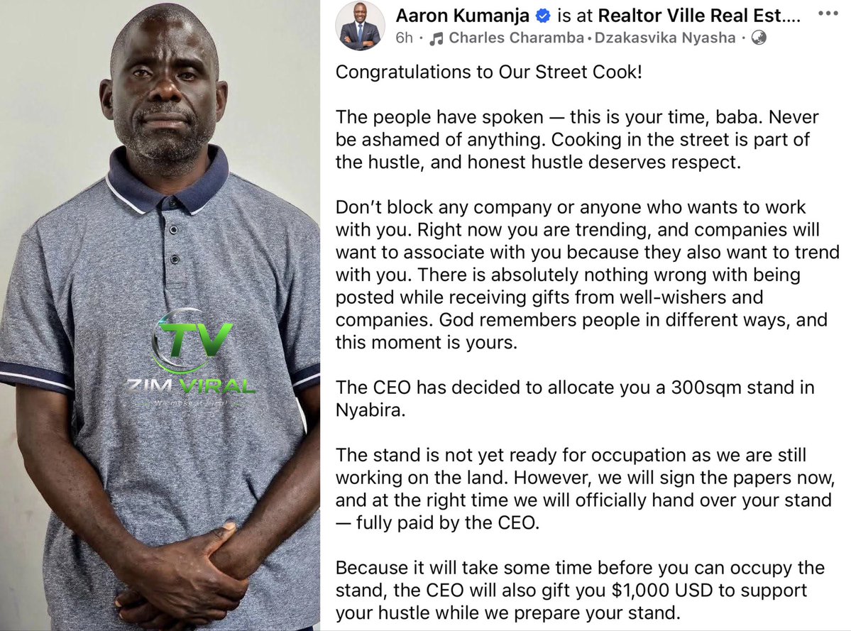 Aaron Kumanja of Realtor Ville Real Estate has gifted Mr Chikwava a 300sqm stand in Nyabira plus $1,000.