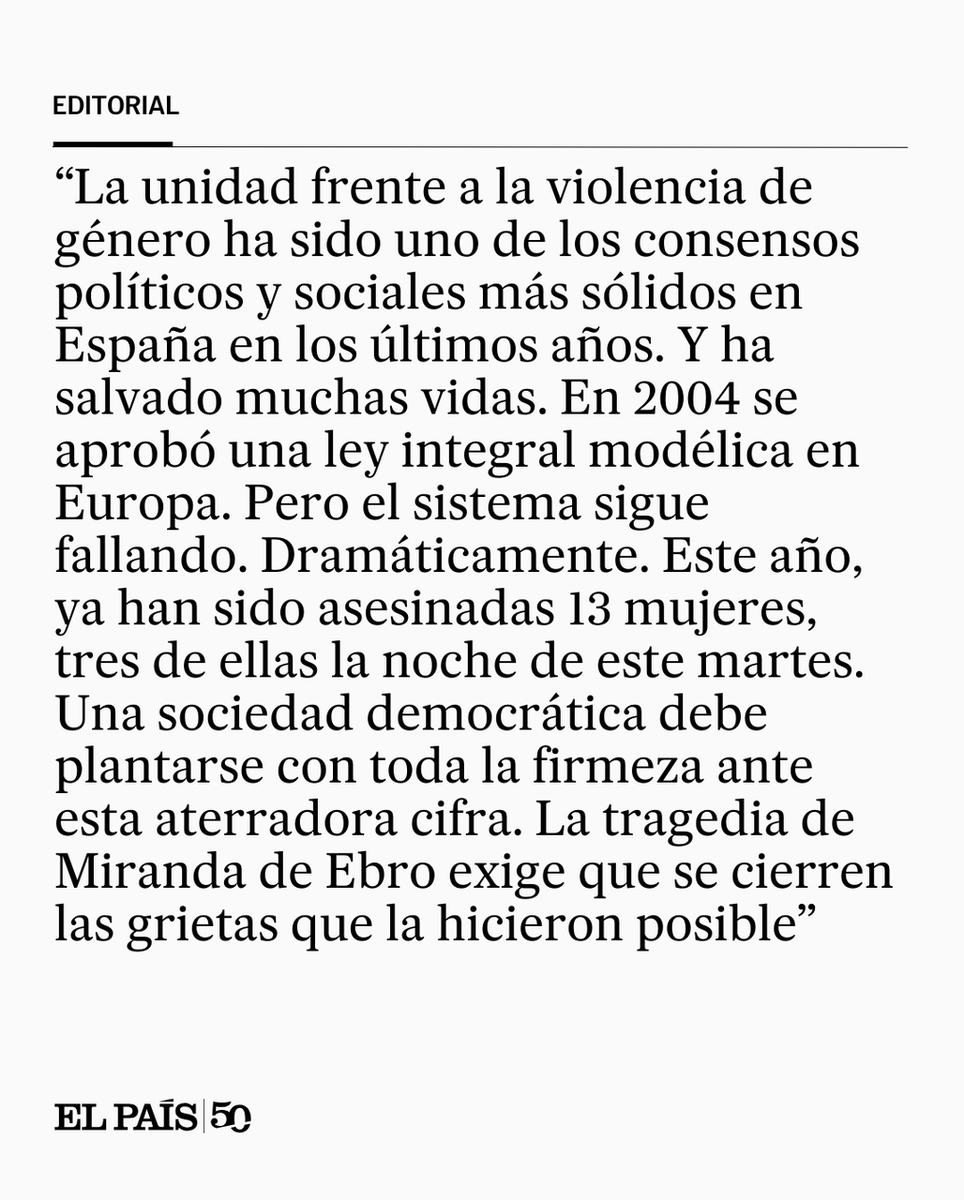 el_pais's tweet photo. "La responsabilidad, y más en un clamoroso caso como el de Miranda de Ebro, no es abstracta: corresponde a cada eslabón de la cadena de instituciones encargadas de la prevención". Lee el editorial 'Parar la violencia machista' https://t.co/EV3wLoXWGM https://t.co/U8mSi60deH