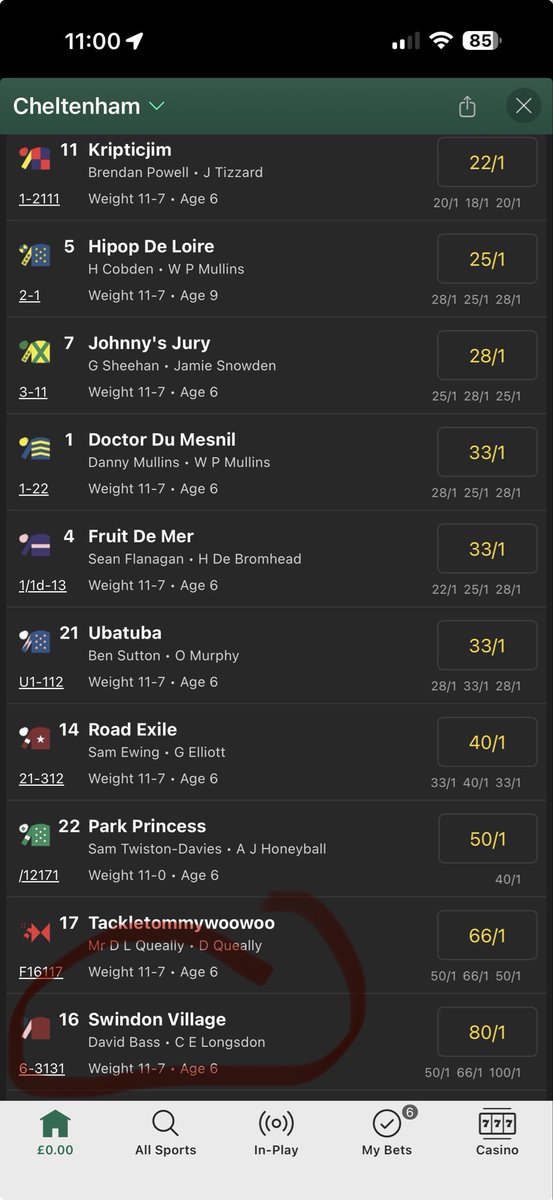 Anyone on this today in the 3.20 at Cheltenham? As it has Swindon in the name it’s going to either; A be disqualified or B fall at the last when leading #Stfc