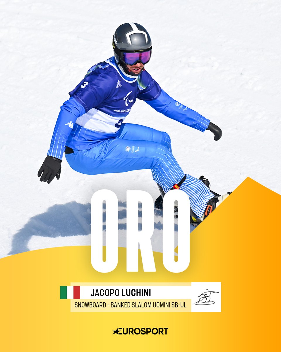 Eurosport_IT's tweet photo. CAPOLAVORO DI LUCHINI! 🥇🇮🇹

Jacopo si mette al collo una splendida medaglia d’oro nel banked slalom SB-UL di snowboard! L’Azzurro domina tutta la concorrenza con due run fantastiche - la migliore chiusa in 56’’28 💙

Regala all’Italia il 4° oro in questi Giochi: mai così tanti in una singola edizione delle Paralimpiadi 💥

#Paralympics #MilanoCortina2026 #Paralimpiadi