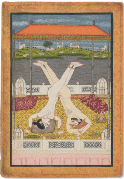 An acrobatic Sexual Act Painting; Pahari Kangra style (1820 CE).... 

(Album 29, Raza Library, Rampur, UP - India)

Kangra painting is the pictorial art of Kangra, named after Kangra State, a former princely state of Himachal Pradesh, India; which patronized the art. It became