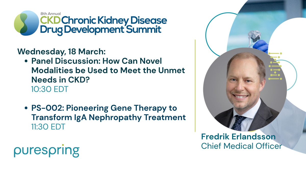 Purespringtx's tweet photo. From 16–18 March, our CMO Fredrik Erlandsson will be in Boston at the 8th Annual CKD Drug Development Summit, joining a panel on how novel modalities can be used to address the unmet needs in chronic #KidneyDisease and also sharing insights from our Phase I/II trial with PS-002. https://t.co/jHGgjwBllc
