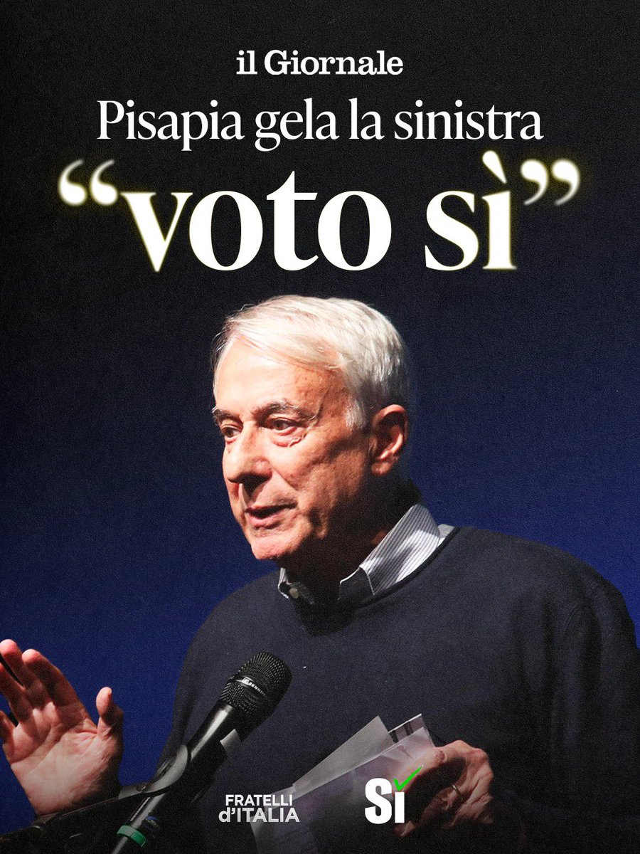 FratellidItalia's tweet photo. L’ex sindaco di Milano, Giuliano Pisapia, che certo non può essere considerato un esponente della destra, si schiera per il Sì al referendum sulla giustizia. Sempre più personalità dell’area progressista dichiarano il proprio voto a favore di una riforma che non farà bene a una parte politica, ma all’Italia intera.

Il campo largo, che fino a pochi anni fa proponeva le stesse misure oggi previste da questa riforma, vi si oppone nella speranza di colpire il Governo Meloni. Ma in questa maniera non fanno altro che penalizzare la Nazione. Noi, con coerenza, diciamo Sì.