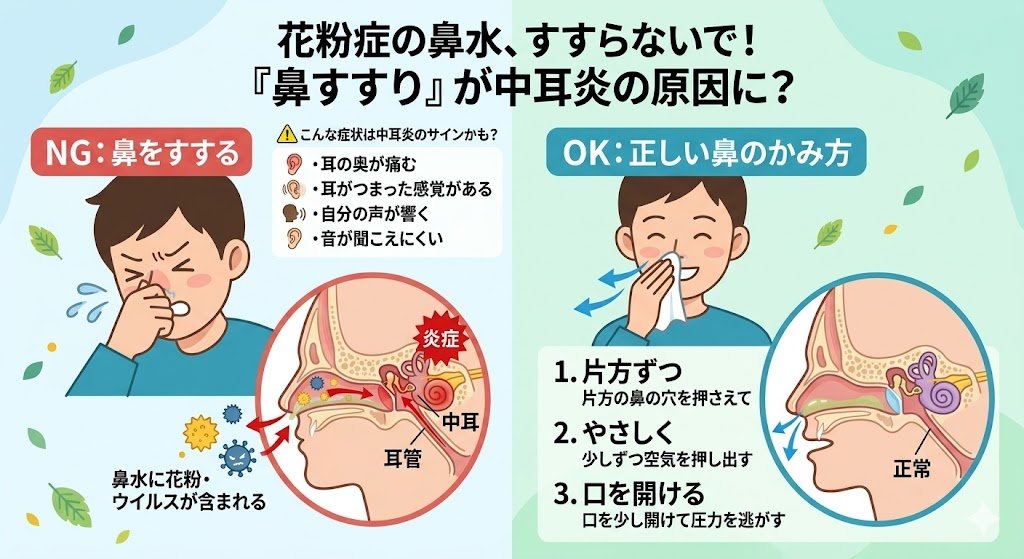 花粉症の鼻水、すすらずにしっかりかんでいますか? 鼻をすすると、鼻の奥にある耳管を通って、花粉・細菌・ウイルスが含まれた鼻水が中耳へと吸い上げ ...