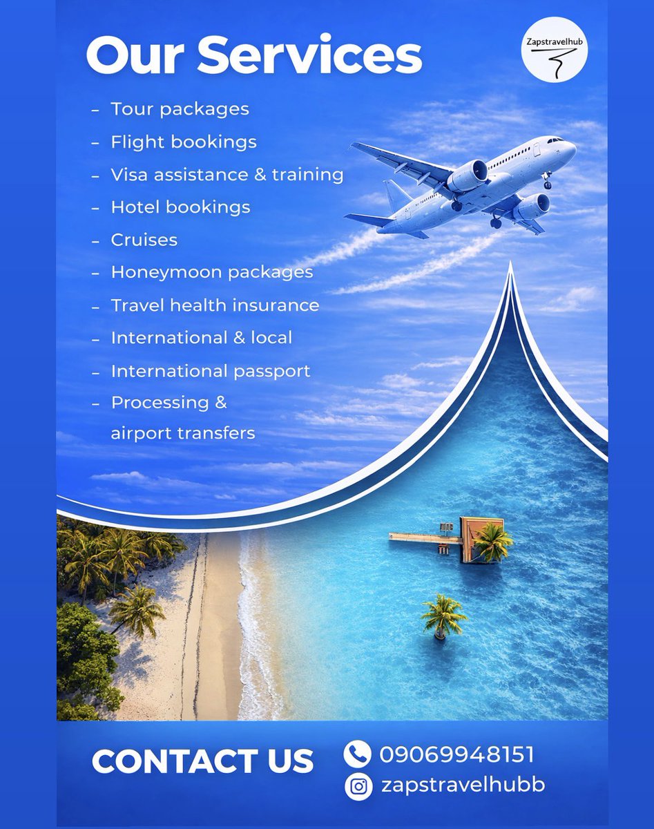 zapszeeee's tweet photo. We provide reliable travel services including flight bookings, visa assistance, tour packages, hotel reservations, travel insurance, and airport transfers.
Travel the world with ease. ✈️🌍
#TravelWithEase
#FlightBooking
#VisaAssistance
#TravelDeals
#ExploreTheWorld ✈️ https://t.co/rtJH7Va34u