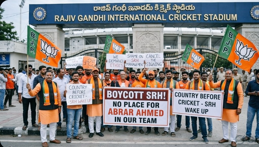 OGVK18's tweet photo. BJP LEADERS PROTESTING &amp;  BYCOTTING TAMILNADU SRH CLUB IN FRONT OF UPPAL CRICKET STADIUM HYDERABAD 

#BanSRH https://t.co/J3AW8vPs1S