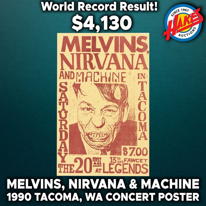 HakesAuctions's tweet image. WORLD RECORD! SOLD FOR $4,130! Hake’s brought a record price for this Melvins, Nirvana &amp;amp; Machine 1990 Tacoma, WA concert poster featuring a snarling Lon Chaney! Contact us today about selling your historical music posters! ow.ly/wJ7150YeuQg
#kurtcobain #auction #nirvana