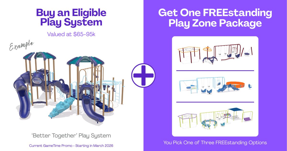 StruthersRec's tweet image. Schools can build bigger playgrounds with the @gametimeplay SCHOOL PLAYGROUND SALE!

Buy a qualifying play system and receive up to $75K in FREE freestanding equipment like swings, climbers &amp;amp; more.

👀 hubs.li/Q046Dzd50
#GameTime #SchoolPlaygrounds #StruthersRecreation
