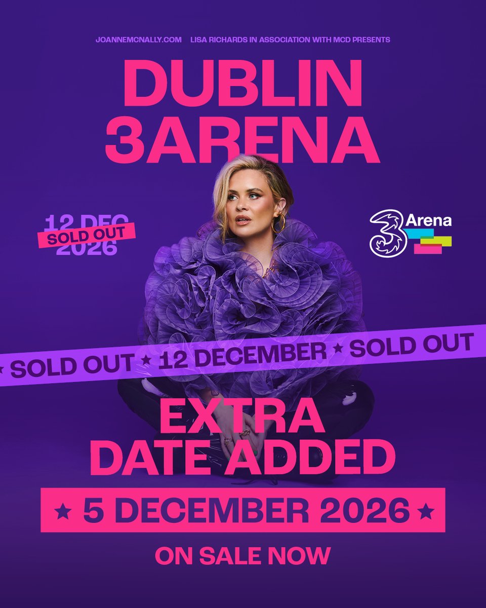 3ArenaDublin's tweet image. ✨On Sale Now✨

After making history as the first Irish comedian ever to sell out #3Arena, Joanne McNally has added a second night on Saturday, 05 December 2026.

Tickets available from @tmie