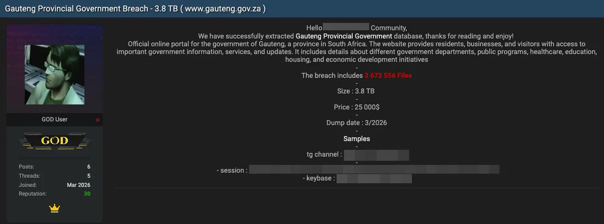 South Africa 🇿🇦 - Gauteng Provincial Government has allegedly suffered a massive data breach involving 3.8 TB of database files. Over 3.6 million files are currently being offered for sale online for $25,000. dailydarkweb.net/gauteng-provin…