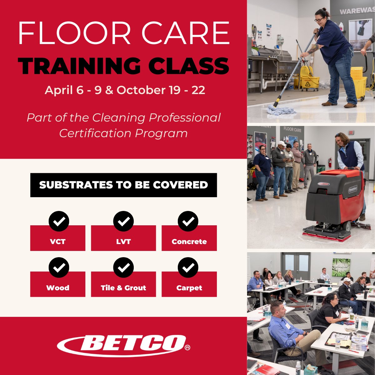 Build stronger floor care expertise through practical, scenario-based learning. Join us at Betco HQ for one of two sessions:
• April 6-9: ow.ly/QXgu50YsMTy
• October 19-22: ow.ly/K4vE50YsMTx