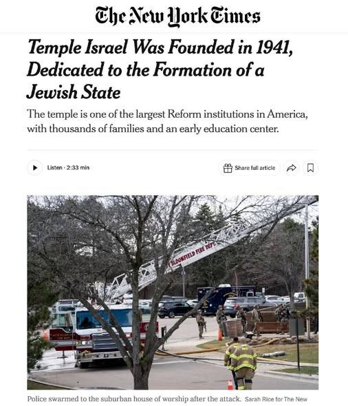 A car packed with explosives rams into a Jewish children’s school.
The New York Times really goes with that whole "The Zionist had it coming" vibe.
Apparently a near miss on exploding Jewish kids isn't a real story, but the congregations alignment on Israel is?

Ask yourself why.