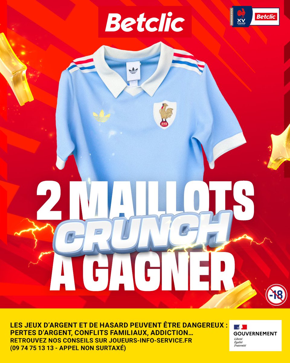 🎁 GAGNE TON MAILLOT DU CRUNCH ! 🇫🇷⚔️🏴󠁧󠁢󠁥󠁮󠁧󠁿

Tu voulais cop le maillot du XV de France édition Crunch mais il est déjà sold out partout ? 😢

Betclic te régale avec 2 maillots à gagner pour supporter les Bleus en étant frais 🔥

RT + Like + Commente avec ta taille et #BetclicCRUNCH