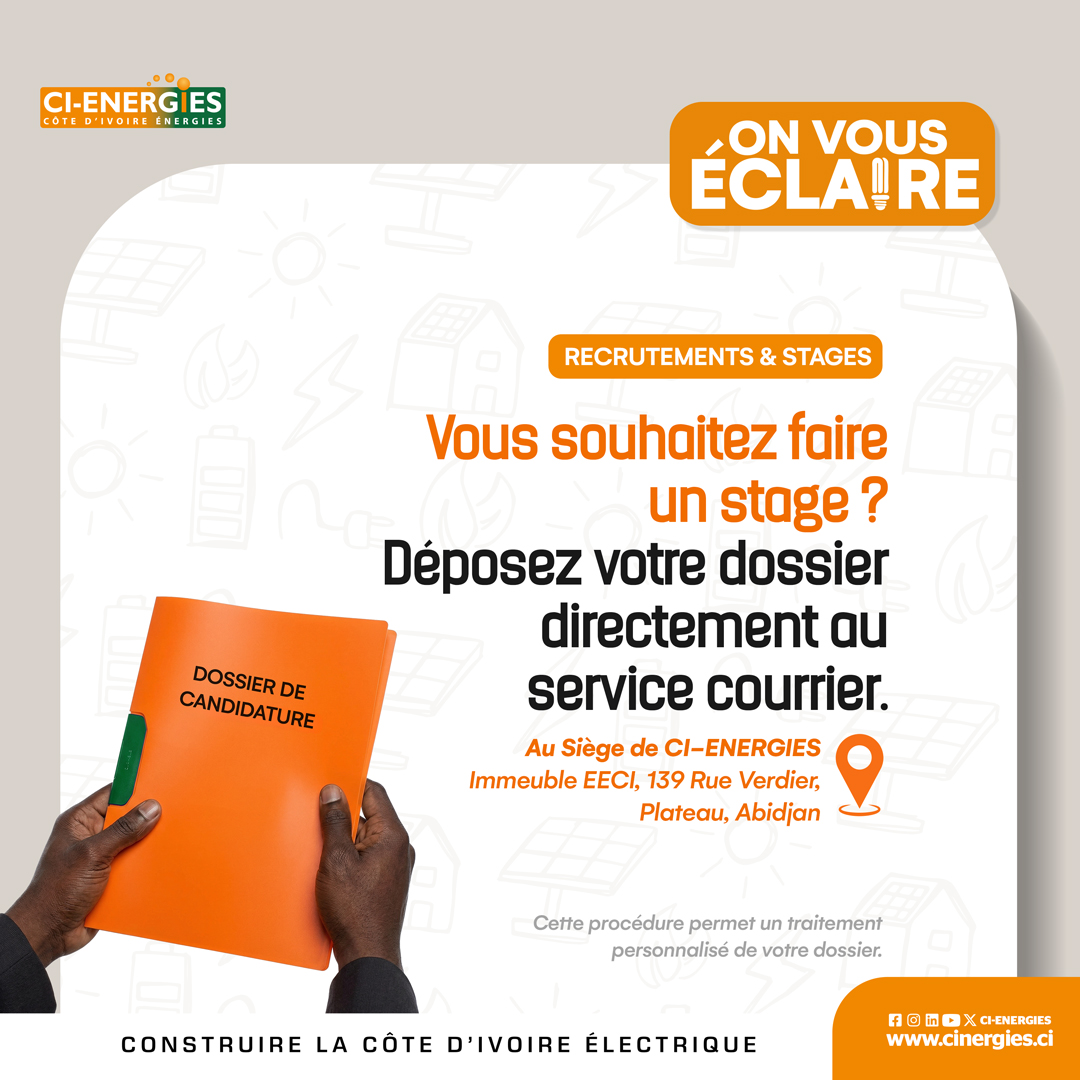 CI_ENERGIES's tweet photo. Vous souhaitez faire un stage chez CI-ENERGIES ? Nous vous recommandons de déposer votre candidature directement au service courrier. #StagesCIENERGIES https://t.co/JEC2Kks9r1