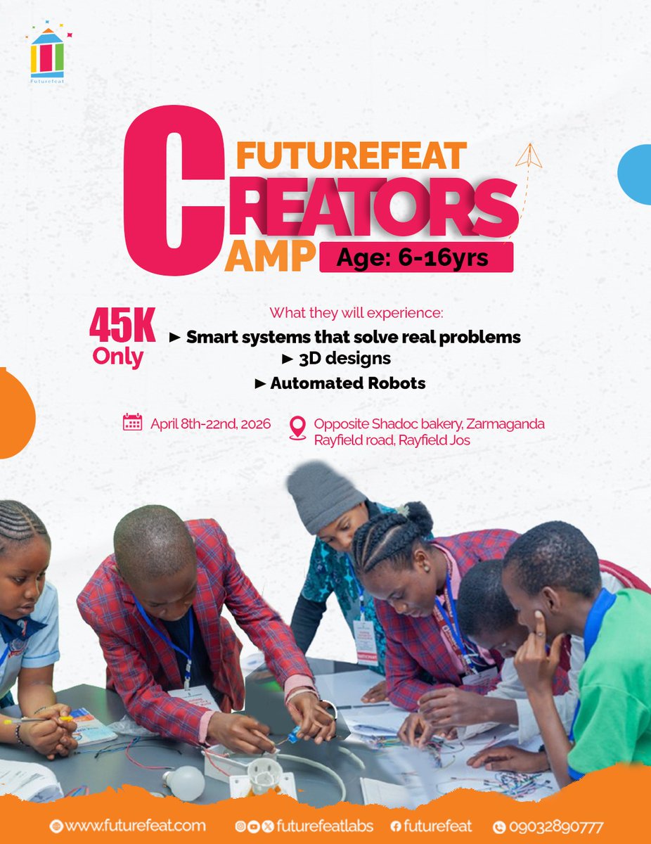 APRIL CREATORS CAMP IS HERE!
Kids ages 6–16 will build robots, create smart systems, and learn 3D design in this hands-on tech camp.

Date: April 8–22, 2026
Fee: ₦45,000
Location: Rayfield, Jos
Register now: 09032890777
#futurefeat #creatorscamp