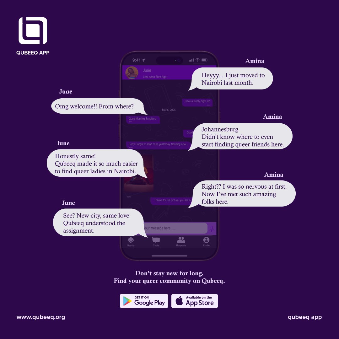 QubeeqOrg's tweet photo. New city. New people. Same love. 🌍🏳️‍🌈💜 
You’re not the only one looking for queer community.

Chat, connect, and meet amazing queer women on Qubeeq. 🌈

#Qubeeq #MadeInAfrica #QueerWomen #WLW #QueerAfrica https://t.co/mk8pI5yPtl