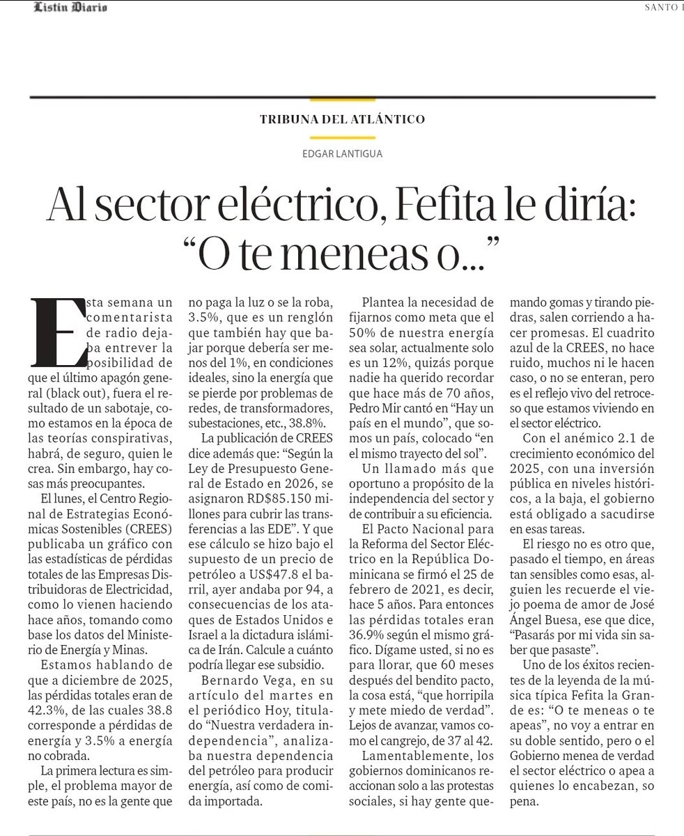 Tribuna del Atlántico
Al sector eléctrico, Fefita le diría: “O te meneas o…”

listindiario.com/puntos-de-vist…