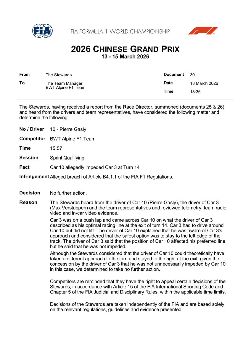 robertofunoat's tweet photo. Anche Gasly non subisce alcuna penalità per aver bloccato Verstappen. #F1 #ChineseGP #SQ #Gasly #Impeding #NoFurtherAction https://t.co/HQs0i6VbB1