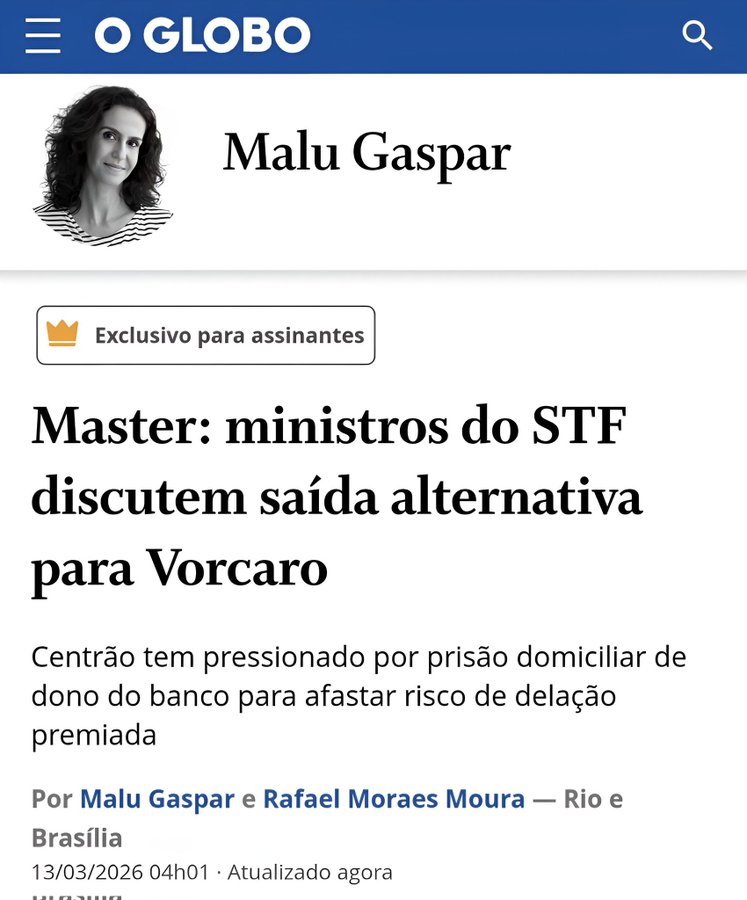 🚨MALU GASPAR:

"Ministros do Supremo discutem saída alternativa para VORCARO. O desejo é a prisão domiciliar do banqueiro para afastar risco de delação premiada".

É inacreditável a NATURALIDADE com que se fala abertamente que estão tentando ABAFAR CRIMES e está "tudo bem"!