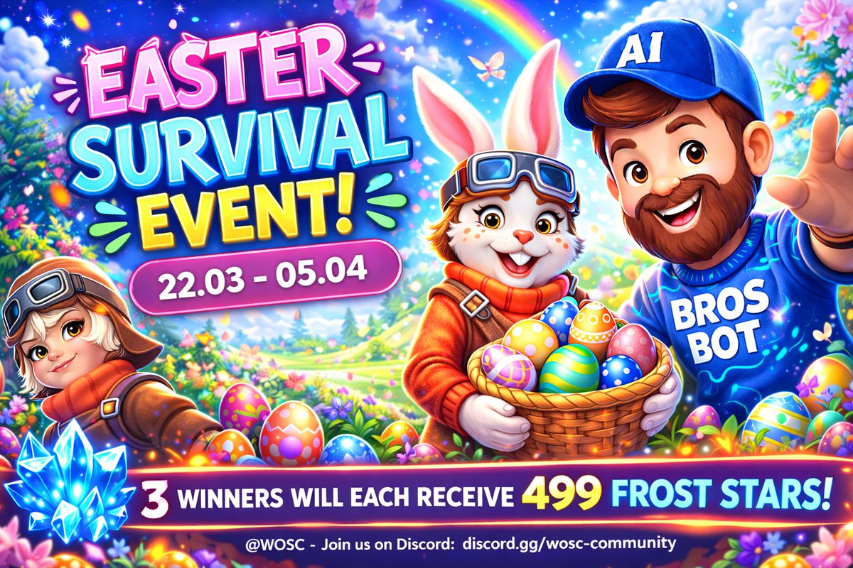 WOSCcommunity's tweet image. 🎉 EASTER SURVIVAL EVENT 2026 🥚

Join the WOSC Community on Discord and take on the challenge! Find the key, collect your Frost Egg, and earn a chance to win 3× 499 Frost Stars! 🌟

🗓️ Mar 22 - Apr 5
🔑 Join now: discord.gg/wos-community

#FrostStars #WhiteoutSurvival #WOSC
