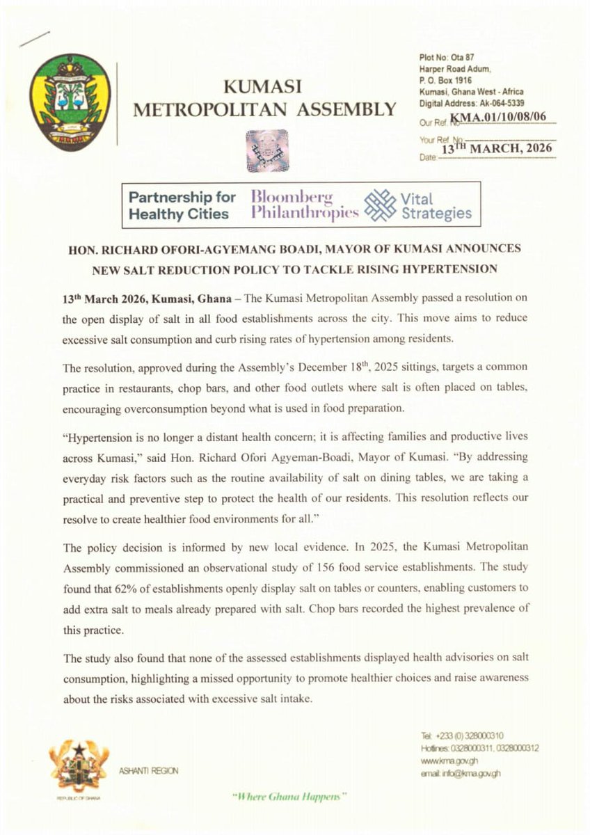 KumasiMetroCity's tweet photo. Kumasi Bans Open Display of Salt in Food Establishments to Protect Public Health.
#Cities4Health
#ServeWithCare #LessSalt
#MoreHealth
#WhereGhanaHappen https://t.co/FDdKQkDNMO