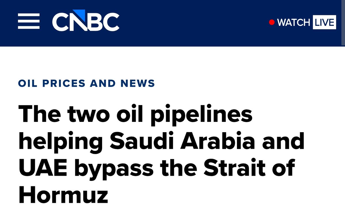 OsintYB's tweet photo. 🇮🇷🇸🇦🇦🇪
Pendant que l’Iran menace Hormuz, l’Arabie saoudite et les Émirats pompent déjà ailleurs

Quand l’Iran menace ou tente de bloquer la zone, comme on le voit depuis les frappes américaines et israéliennes contre le régime, tout le marché énergétique mondial se tend immédiatement.

Mais les États du Golfe ont anticipé ce scénario depuis des années, justement parce qu’ils savent à qui ils ont affaire à Téhéran.

Premier exemple : l’oléoduc Est-Ouest saoudien, aussi appelé Petroline.
C’est un mastodonte d’environ 1 200 km, qui transporte le pétrole depuis Abqaiq, sur la côte du Golfe, jusqu’au port de Yanbu sur la mer Rouge. 

Autrement dit : le brut traverse toute l’Arabie saoudite par pipeline et évite complètement le détroit d’Hormuz.

Sa capacité tourne autour de 7 millions de barils par jour, et Aramco explique qu’il peut atteindre rapidement sa pleine capacité si la situation l’exige.

Deuxième pièce du puzzle : l’oléoduc Habshan–Fujairah des Émirats arabes unis, aussi appelé ADCOP.
Plus petit, environ 400 km, il transporte le pétrole depuis les champs d’Abu Dhabi jusqu’au port de Fujairah, directement sur l’océan Indien. Là encore, le pétrole sort sans passer par Hormuz.

Sa capacité tourne autour de 1,5 million de barils par jour, avec la possibilité de monter à environ 1,8 million si nécessaire.

Si vous additionnez ces deux infrastructures, elles permettent de contourner partiellement le goulot d’étranglement contrôlé par l’Iran. Ça ne remplace pas totalement les flux du détroit, on parle de 20 millions de barils qui y passent normalement, mais ça réduit clairement la capacité de Téhéran à prendre le monde en otage énergétique.

Il faut preciser que ces pipelines et les installations associées pourraient eux aussi devenir des cibles.