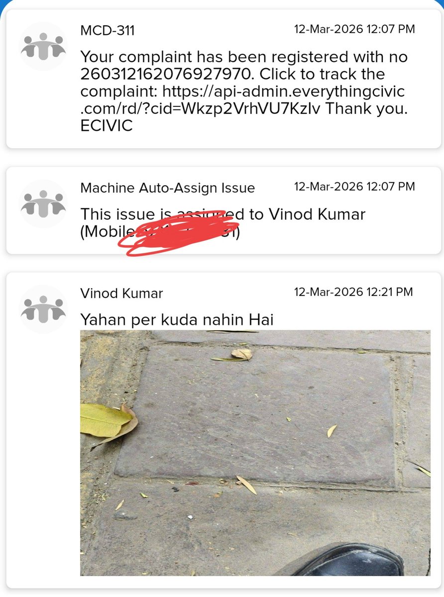 🚨 Delhi Complaint Scam: Man reports dirty pavement, officer uploads random pavement photo, marks garbage complaint “Resolved.”