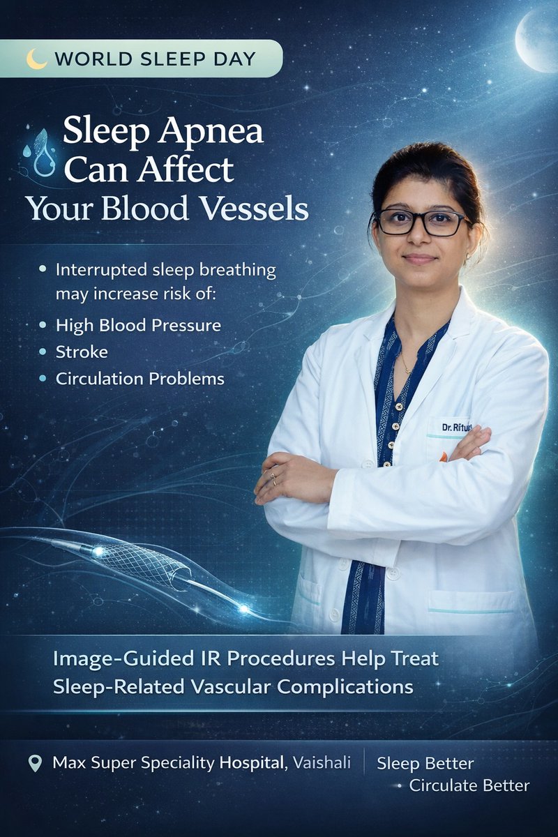 dr_rituverma's tweet image. Did you know sleep apnea silently impact your vascular health? High BP, stroke risk &amp;amp; circulation issues can managed with advanced image-guided treatments, Consult an expert like Dr. Ritu Verma for minimally invasive solutions. #SleepApneaAwareness #VascularHealth #WorldSleepDay