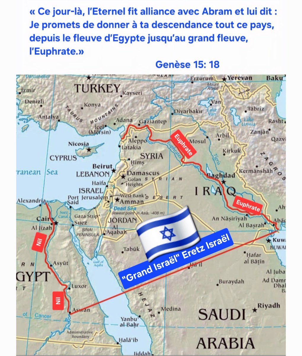 🔥La création du "Grand Israël", comme le réclame le ministre d'extrême-droite Smotrich au nom de Genèse 15: 18,impose d'attaquer et de s'approprier 
1️⃣Gaza et toute la Cisjordanie
2️⃣Liban
3️⃣Jordanie
4️⃣Syrie
5️⃣ouest de l'Irak
6️⃣Koweït
7️⃣nord de l'Arabie Saoudite
8️⃣est de l'Égypte