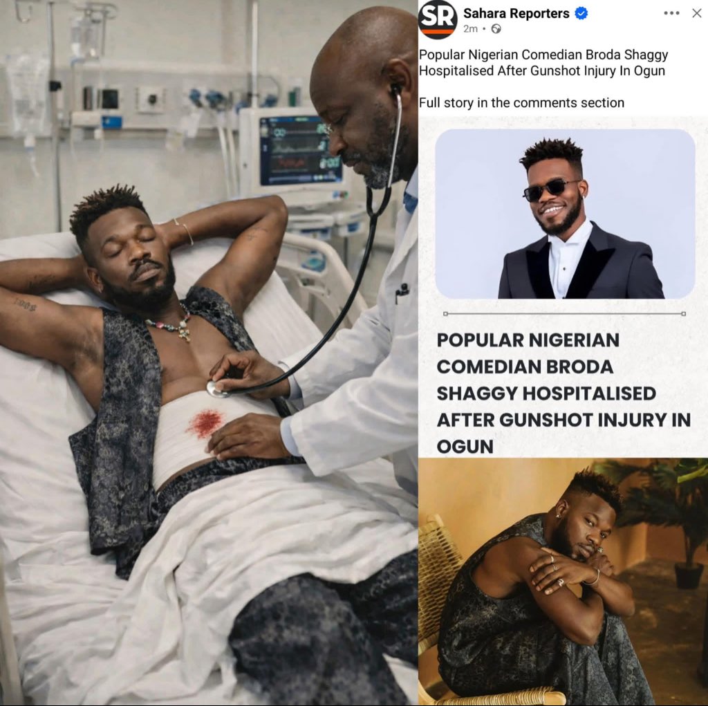 Dannycockeye's tweet photo. 🚨 JUST IN: Popular Nigerian comedian Broda Shaggy has reportedly been hospitalized after sustaining a gunshot injury.

According to reports circulating online, he is currently receiving treatment at the hospital.
Fans and well-wishers have already started sending prayers and sup https://t.co/aO7JUc1Hsm