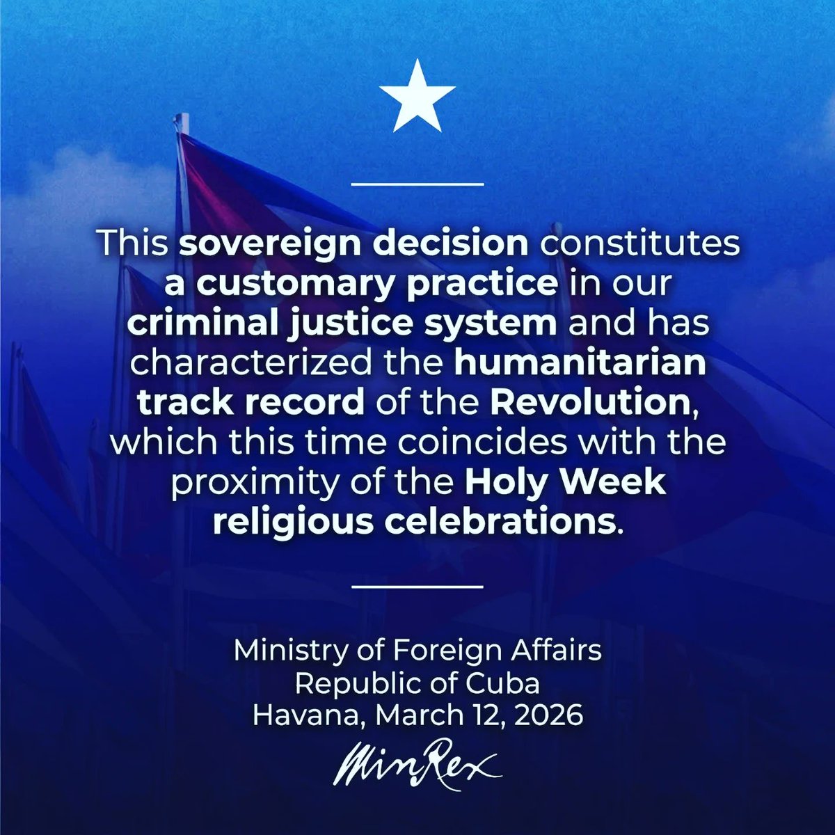 EmbaCuba_UK's tweet image. Communiqué from @CubaMINREX 🇨🇺
The Government of #Cuba announces the release of 51 individuals, reflecting our historical communication and fluid relations with the #Vatican, and coinciding with the proximity of Holy Week.