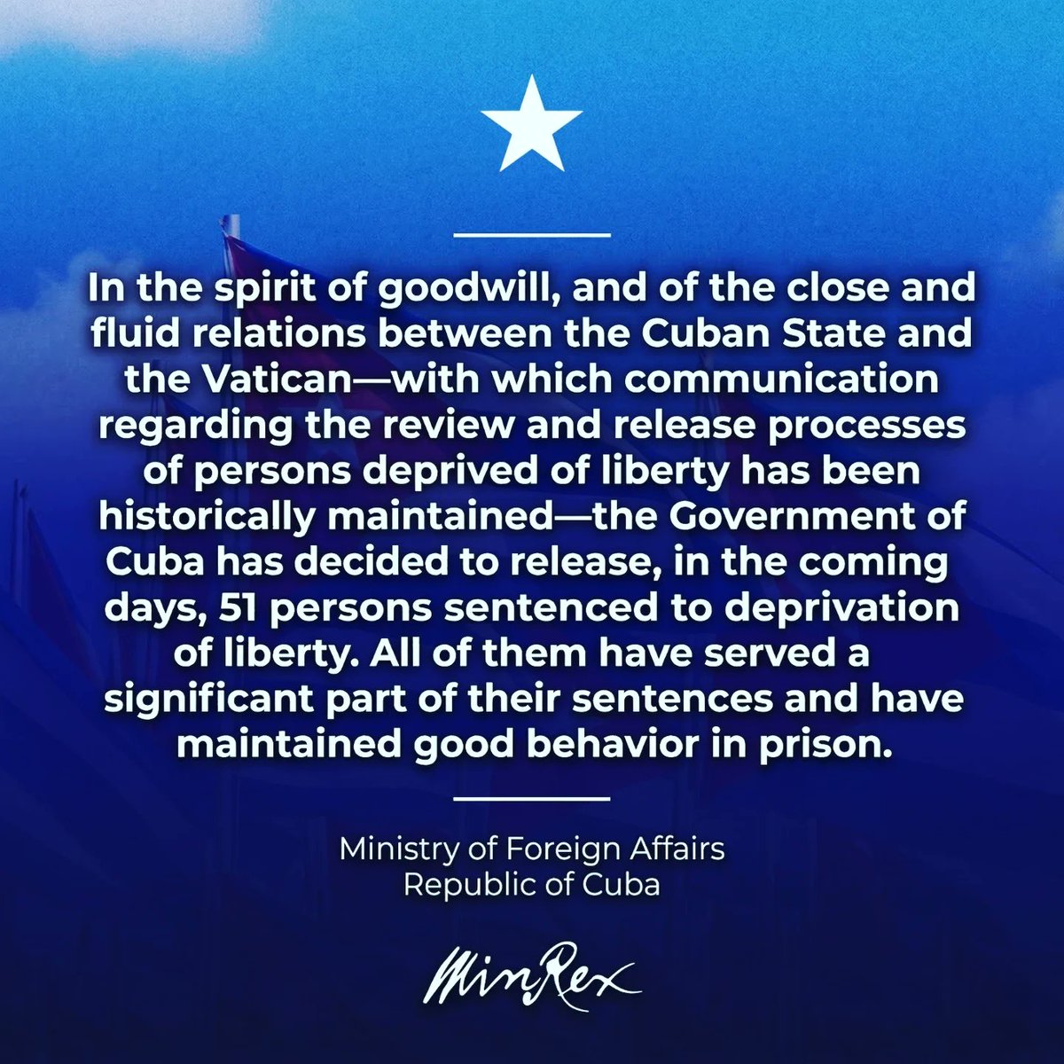 EmbaCuba_UK's tweet image. Communiqué from @CubaMINREX 🇨🇺
The Government of #Cuba announces the release of 51 individuals, reflecting our historical communication and fluid relations with the #Vatican, and coinciding with the proximity of Holy Week.