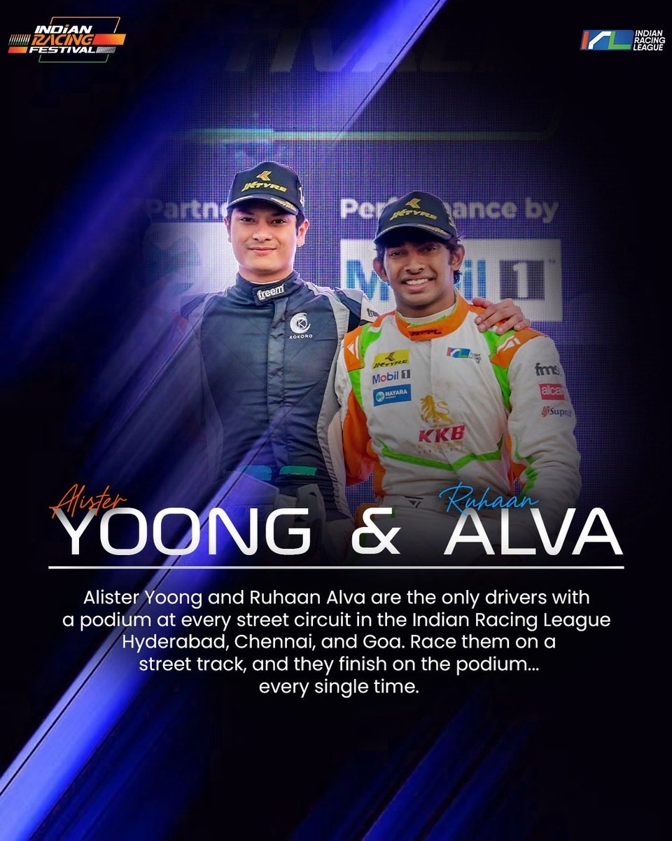 Irlofficial1's tweet photo. Unbeatable on the streets and creating history on the track. 🏁 

Swipe to see how Alister Yoong, Ruhaan Alva, and Fabienne Wohlwend are setting new standards in the Indian Racing Festival! 

#IndianRacingFestival #Motorsport #RacingStats https://t.co/qxraYohm7N