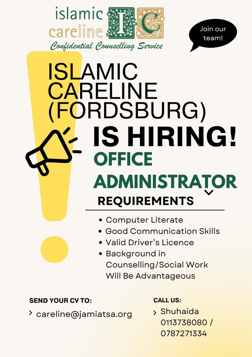 IslamicCareline's tweet photo. Islamic Careline is hiring an Office Administrator. Email your CVs to careline@jamiatsa.org https://t.co/NvsQUcHg0F