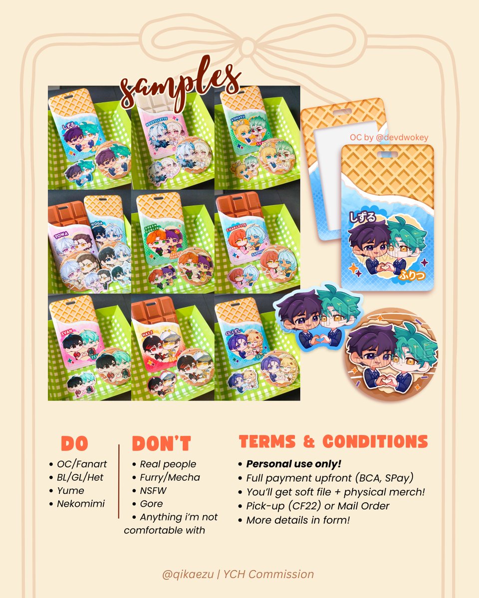 [RT/❤️ appreciated]

Hello! I'm opening a second batch of my couple merch YCH Commission🍫 (ina only). You can read the details in the pictures~

📦 Pick-up #CF22 / mail order
🔗 forms.gle/4oXpPEUmj1PX25… 

Any questions feel free to DM me !
(⁠◍⁠•⁠ᴗ⁠•⁠◍⁠)⁠✧⁠*⁠。