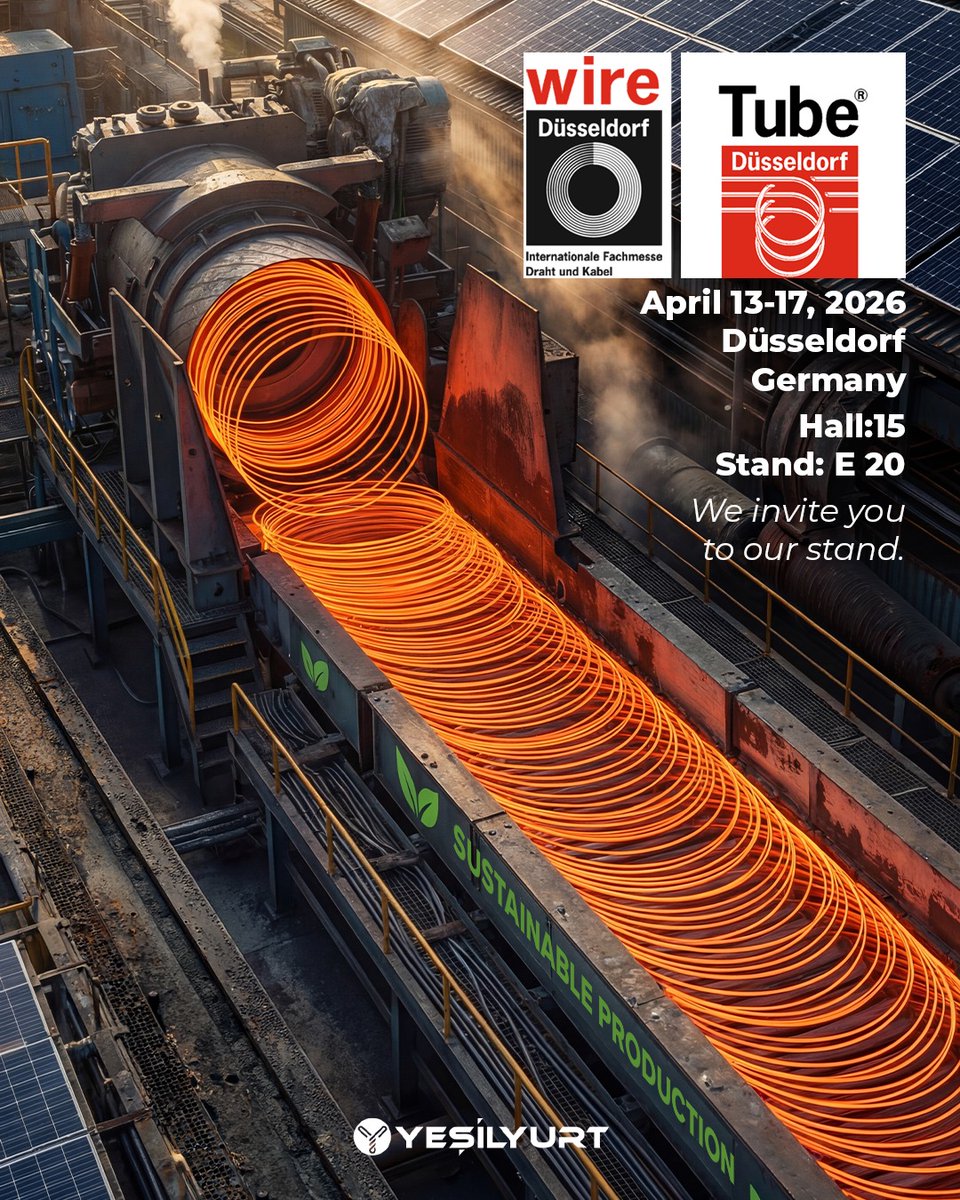 yesilyurtgroup's tweet photo. Metal ve metal işleme endüstrisinin en önemli buluşmalarından biri olan Wire &amp; Tube Düsseldorf 2026 için geri sayım başladı.  13–17 Nisan 2026 tarihlerinde Düsseldorf’ta gerçekleşecek olan fuara sizleri de davet ediyoruz. Salon 15 – Stant E20’de standımızı ziyaret edebilirsiniz. https://t.co/kDzLXpdSkW