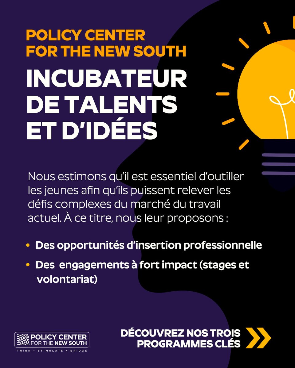 PolicyCenterNS's tweet image. 💡 Au Policy Center for the New South, nous croyons en une vérité simple : aucune transformation réelle n’est possible sans la #jeunesse.

📣 Découvrez comment nous accompagnons les #jeunes #talents!

🔗Plus: policycenter.ma/about-us-youth