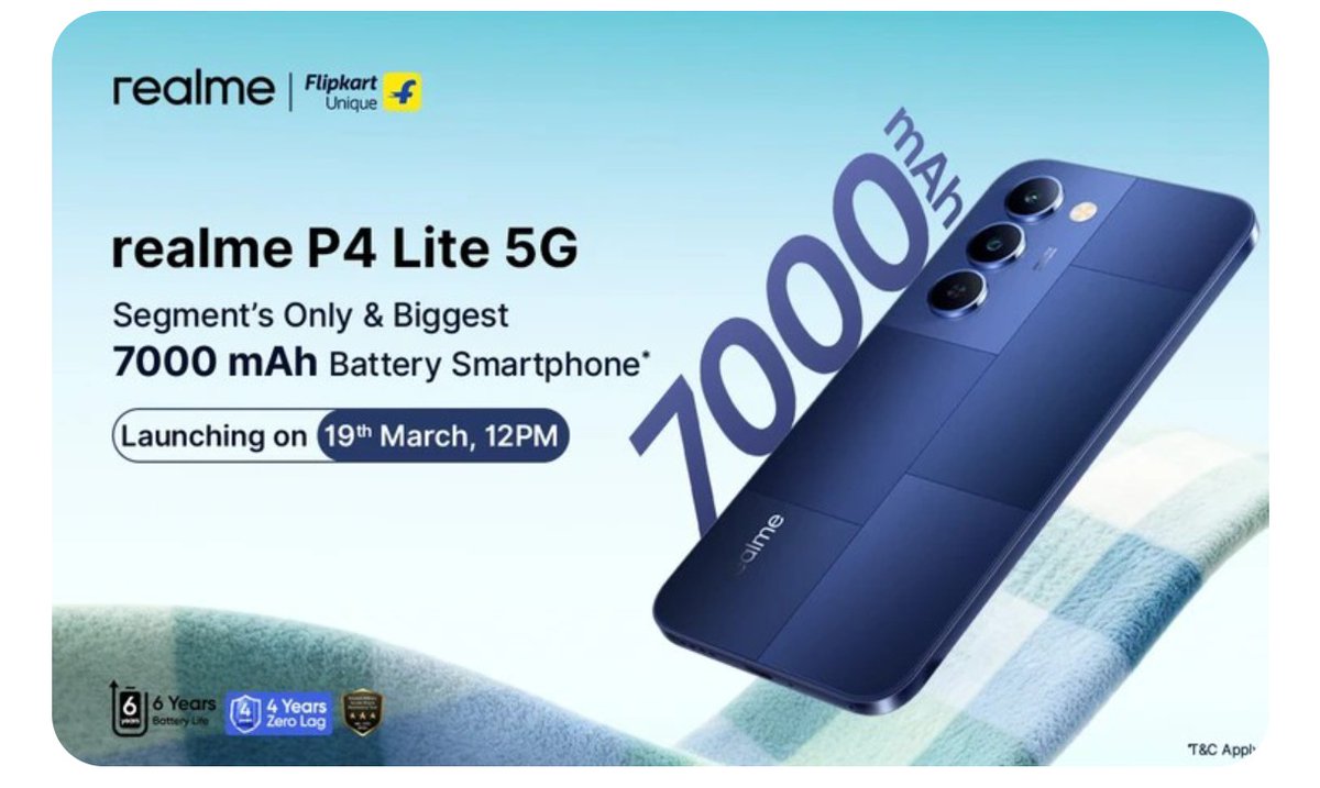 TusharG98540565's tweet image. realme P4 Lite 5G is Launching in India on 19th March.

#realme #realmeP4Lite #realmeP4Lite5G