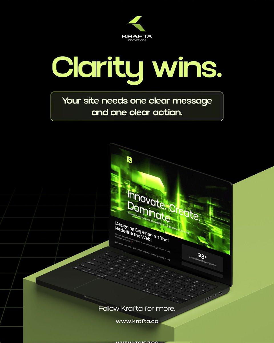 Krafta_co's tweet photo. Your site looks good. Your conversion rate disagrees.

Pretty doesn't pay the bills. Clarity does. 

And most founders get this backwards; they obsess over how their site looks and ignore whether it actually communicates.

Here's the truth: a visitor who can't answer "what is this and what should I do?" in 3 seconds is already gone. 

Didn't matter that you spent 3 weeks picking fonts.

One message. One action. That's the whole game.

Save this. Come back to it before your next redesign. 👇

Follow @krafta, we build digital products that convert, not just impress.