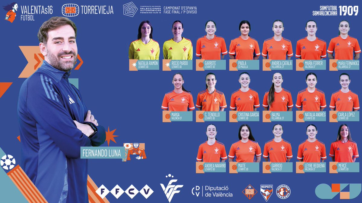 FFCV_info's tweet photo. SELECCIÓ |

🤩 CONVOCATORIA OFICIAL: Esta es la Selecció Valenciana Valenta sub16 de fútbol que disputará la segunda fase CESA

📎 https://t.co/nwDDDknU78

🆚 @RFAF 
🏟 'Nelson Mandela' Ciudad Deportiva @TorreviejaAyto
🗓 20-22 marzo

#SomValenciana🔹🔸❤️