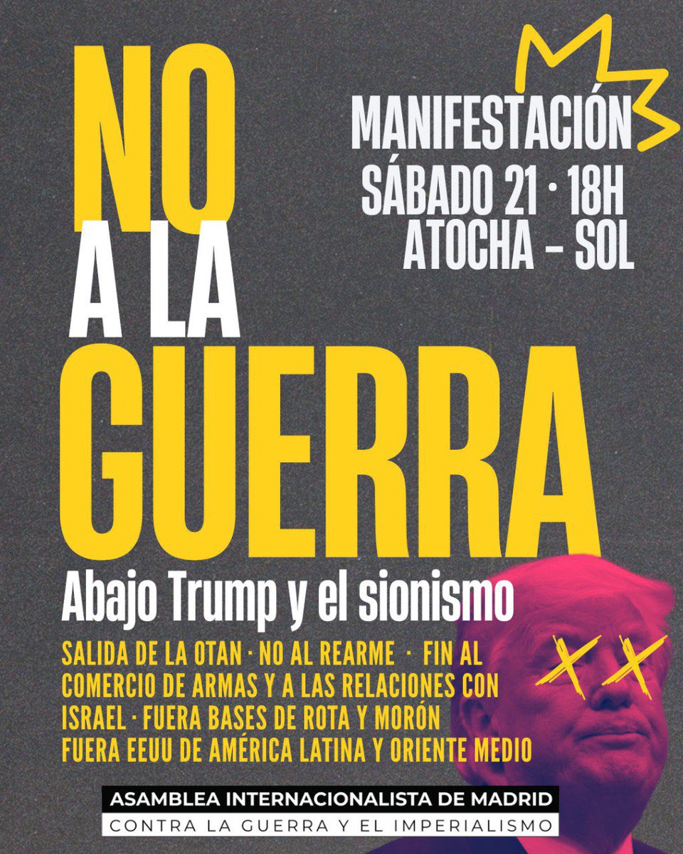 ✊🏽🔥 Frente a la ofensiva imperialista mundial, es el momento de unir fuerzas. La asamblea internacionalista de Madrid contra la guerra convoca una manifestación este 21 a las 18h de Atocha a Sol. Construyamos un gran movimiento contra la guerra y el imperialismo