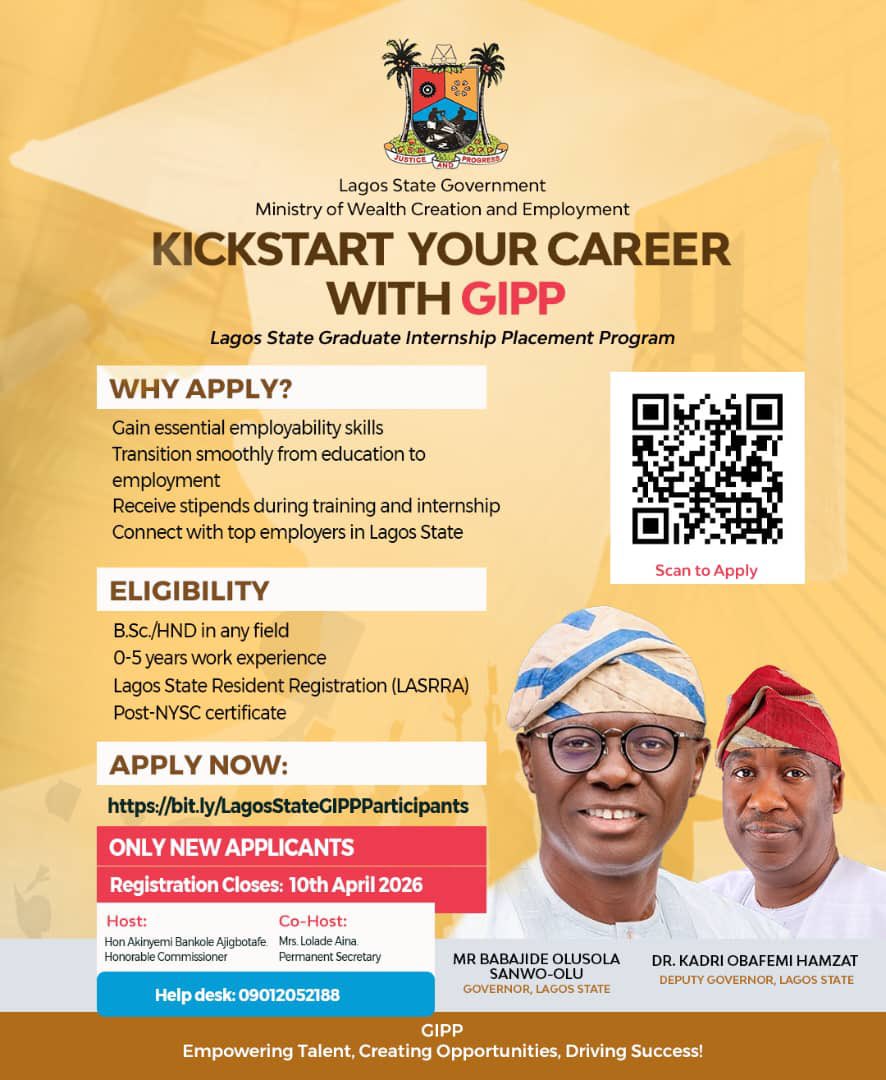 followlasg's tweet photo. *Fresh Graduate? This Is Your Sign to Take Action!*

*The Lagos State Graduate Internship Placement Program (GIPP) registration is now open!*

✅ Get hands-on experience in your field 
✅ Earn a stipend fully funded by Lagos State 
✅ Build soft skills & business etiquette that employers actually want 
✅ Ongoing mentorship & support throughout your journey

Registration closes 10th April 2026 and it's open to NEW applicants only.

Register now at https://t.co/xvEibx8ByK or scan the QR code on the flyer.

@jidesanwoolu
@drobafemihamzat
@gbenga_omo
@gboyegaakosile
@LanreBajulaiye
@BarrBimbola
@Mr_JAGs @Riddwane

#AGreaterLagosRising
#LASG
#GIPP #LagosState #FreshGraduate #CareerOpportunity #YouthEmpowerment #Internship