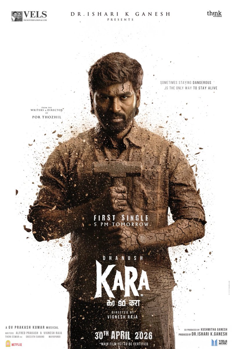 The world of #Kara begins with its first note :)

#KaraFirstSingle is releasing tomorrow 5 PM 🔥 <a href="/dhanushkraja/">Dhanush</a>

#கர #కర #करा

#KaraFromApril30
  
Directed by <a href="/vigneshraja89/">Vignesh Raja</a>
Produced by <a href="/IshariKGanesh/">Dr Ishari K Ganesh</a>
A <a href="/gvprakash/">G.V.Prakash Kumar</a> musical 🥁