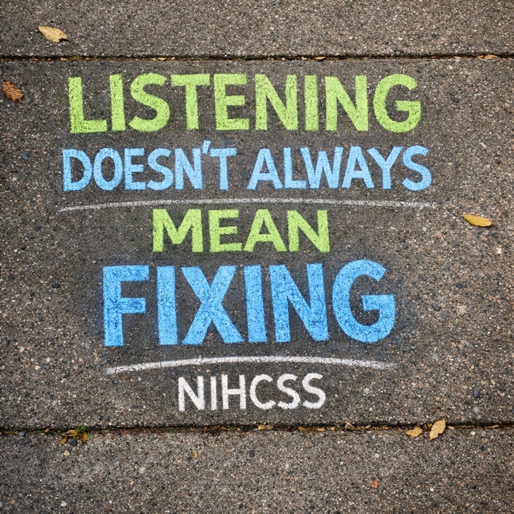 nihcssMH's tweet photo. Not every problem needs a solution in the moment. Sometimes people just need to be heard. 💚💙 #NIHCSS #Together #ListeningHelps #Support https://t.co/6xzjLImXqA