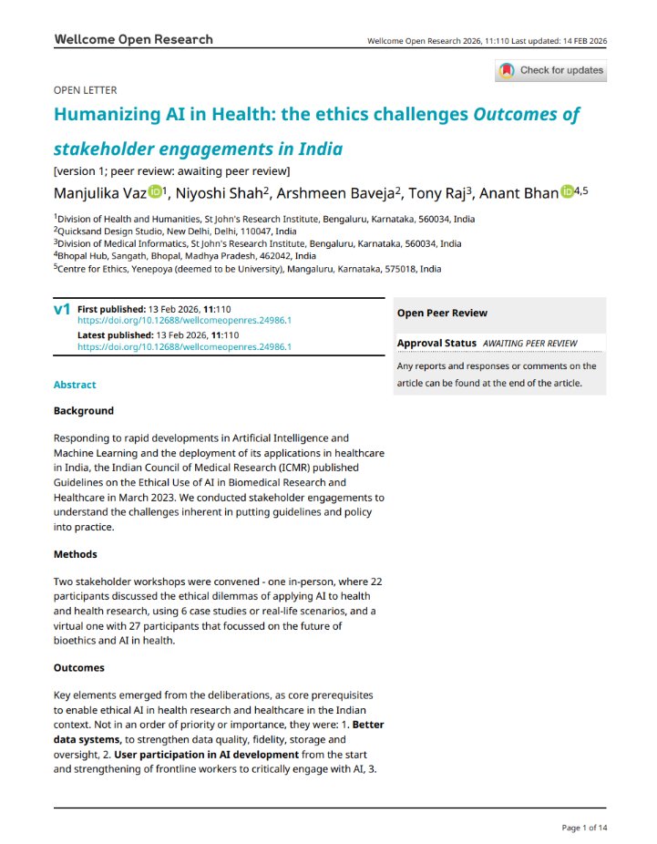 SangathIndia's tweet image. As conversations on responsible# AI continue following the India AI Impact Summit 2026, a new #paper in Wellcome Open Research explores what it takes to' humanize AI in health'.

🔗 Read the paper: lnkd.in/gxmnNCPs
🔗 Explore the #toolkit: lnkd.in/gRq7yFDz