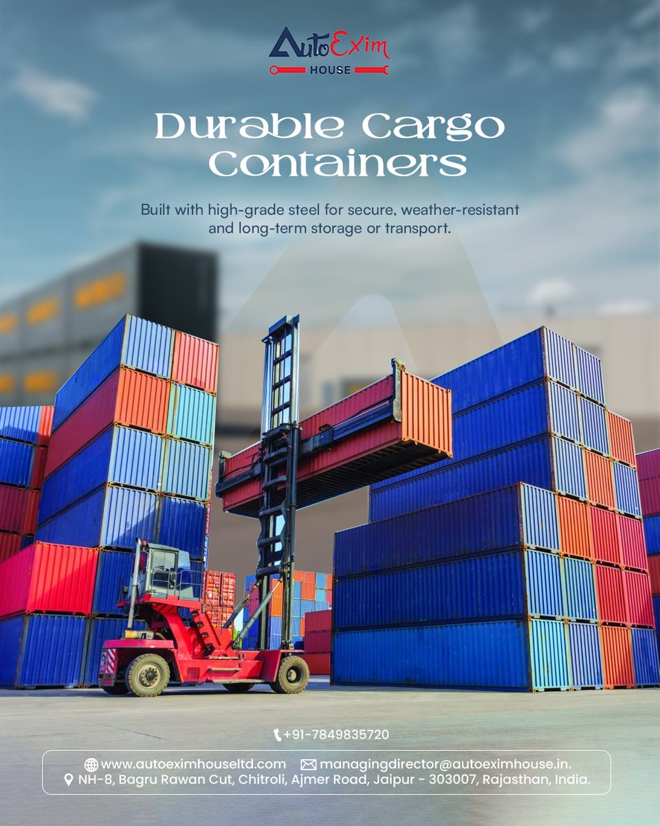 autoexim78498's tweet image. Durable Cargo Containers – Built to Protect!

High-grade steel containers for secure, weather-resistant storage &amp;amp; transport. Strong. Reliable. Long-lasting.

 +91-7849835720
 autoeximhouseltd.com
 Jaipur, Rajasthan

#CargoContainers #ShippingContainers #LogisticsIndia