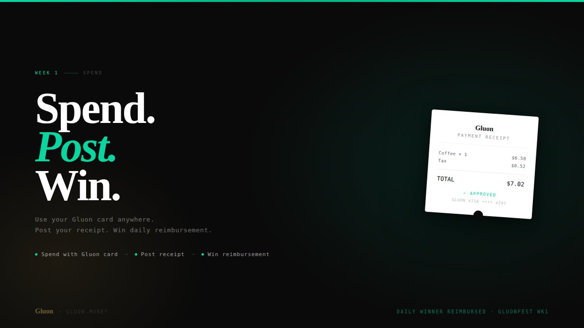 Week 1 of #Gluonfest starts now 💳

✅Spend with your Gluon card
✅Post your receipt in comment
✅Win daily reimbursement

Any purchase. Anywhere Visa is accepted.

One winner picked every day this week: 13th to 20th Mar

p.s. must participate in $5,000 drop to qualify