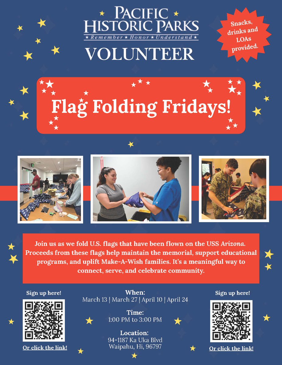 pacificparks's tweet image. 📷 Flag Folding Friday scheduled for today (March 13) has been CANCELLED due to the weather. We look forward to seeing everyone at future flag folding events!
#Volunteer #Volunteering #PearlHarbor #Hawaii #Oahu #USFlag #FlagFolding #PHP #RememberHonorUnderstand