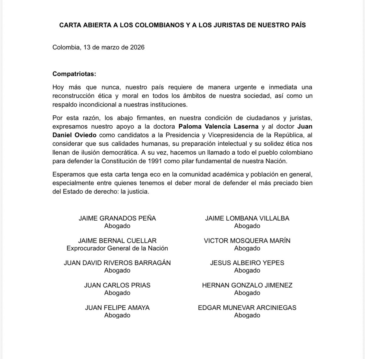 Diez reconocidos abogados firman una carta anunciando su respaldo a la candidatura presidencial de <a href="/PalomaValenciaL/">Paloma Valencia L</a> y <a href="/JDOviedoAr/">Juan Daniel Oviedo</a>. #VocesySonidos